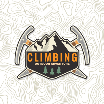 Climbing patch, sticker. Vector. Concept for shirt or logo, print, stamp or tee. Vintage typography design with mountain and old metal climbing ice-axe silhouette. Outdoors adventure.
