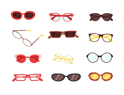 Various modern trendy sunglasses, optic eyewear for different purpose isolated set on white background. Vector illustration of hipster eyegear, retro eye vision accessories, sun protective glasses