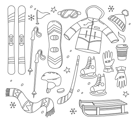 Winter sports equipment for extreme ice and snow activities black-and-white doodles isolated set. Skier, hokey player, snowboarder, ice skater accessories and clothes, sled, coffee drink for warmth