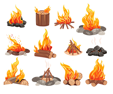 Different wood campfire and wild bonfire with burning timber and fiery flame blaze isolated set. Open fire in forest, camp or for outdoors picnic activity, warm extinct coals vector illustration
