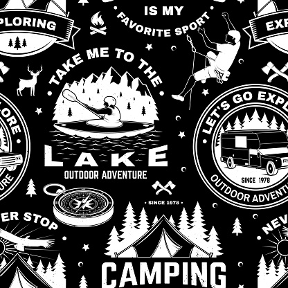 Outdoor adventure seamless pattern, background. Vector illustration. Vintage typography design with compass, man in canoe, climber, camping caravan car, tent, mountain, axe and forest silhouette