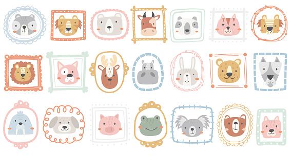 Cute animal faces funny character in hand drawn portrait frames isolated set vector illustration. Pretty wild creature, farm and zoo inhabitant, domestic pets head on creative border graphic design