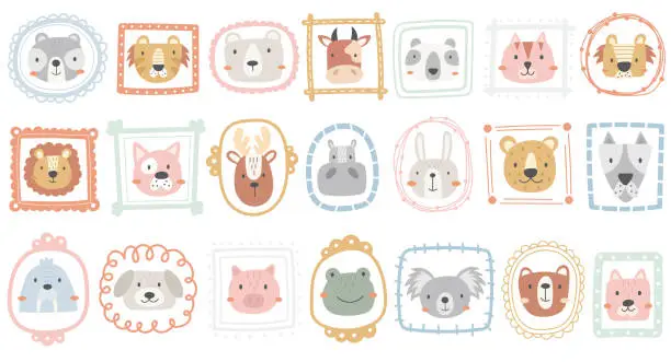 Vector illustration of Cute animal faces funny character in hand drawn portrait frames isolated set vector illustration