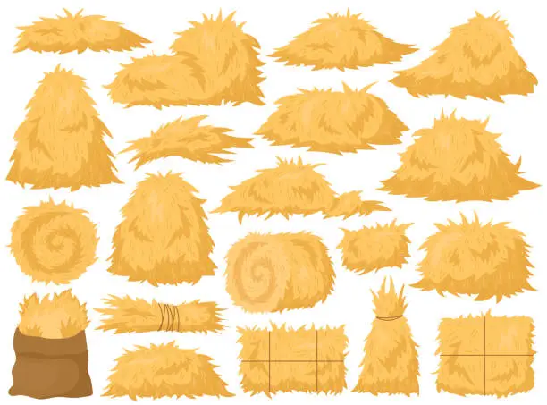 Vector illustration of Dry farm haystack, bale, pile and heap stack, straw in rolls and sack bag isolated agricultural set