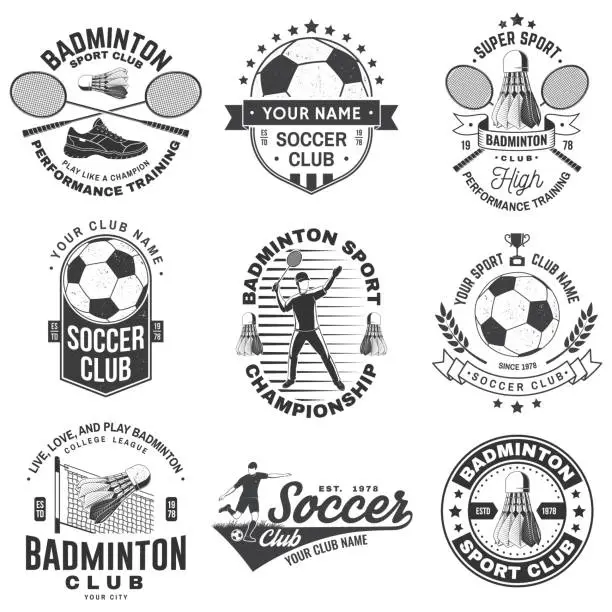 Vector illustration of Set of badminton and soccer sport club badge design. Vector. Vintage monochrome label, sticker, patch with badminton, soccer and football player silhouettes