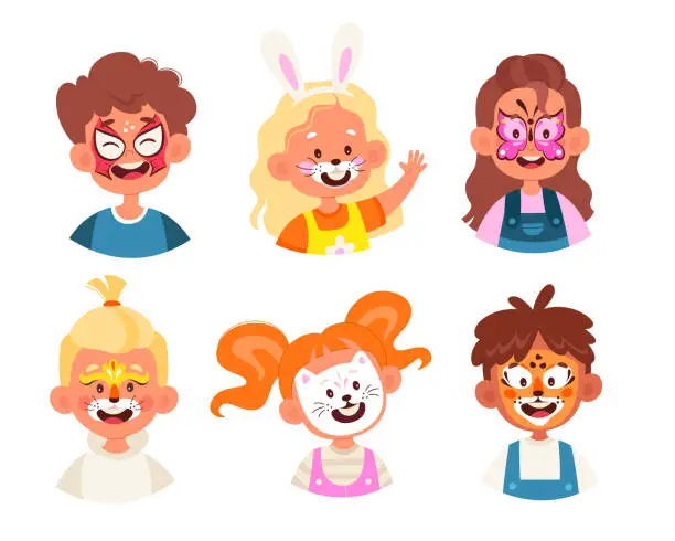 Vector illustration of Set of children with face painting party mask of butterfly, tiger, bunny, spider, lion and cat
