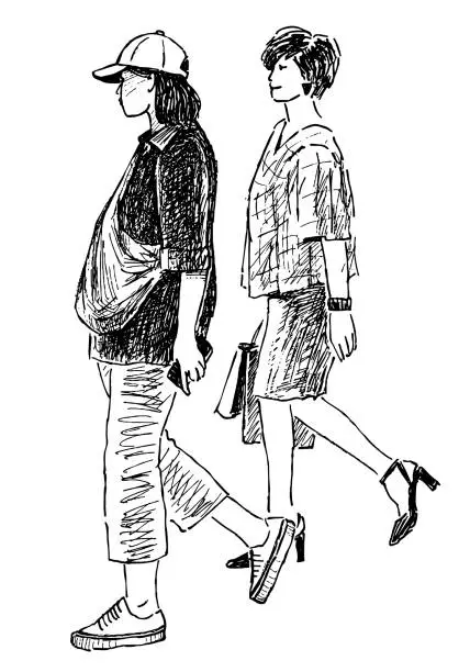 Vector illustration of Sketch of two casual young modern city women walking down street on summer day