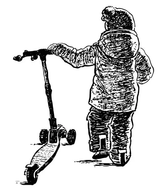 Vector illustration of Hand drawing of little child with scooter walking outdoors