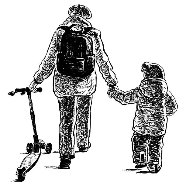 Vector illustration of Hand drawing of elderly woman with her grandson and scooter walking outdoors together