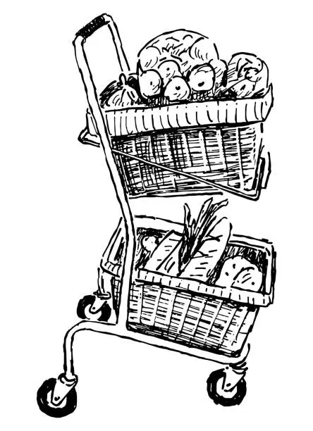 Vector illustration of Hand drawing of full grocery cart with different food stuff
