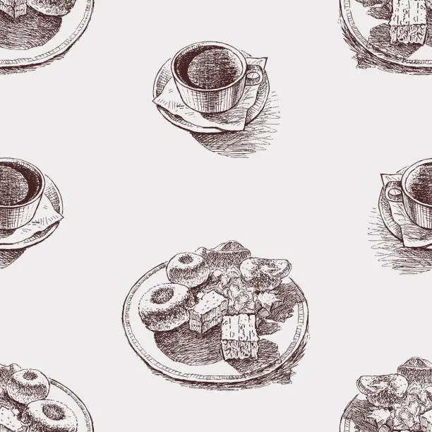 Vector illustration of Seamless pattern of sketches coffee cup on saucer and different delicious cakes on plate