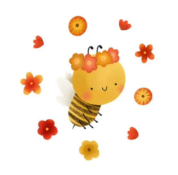 Vector illustration of little honey bee with flower wreath. Cute childish hand painted