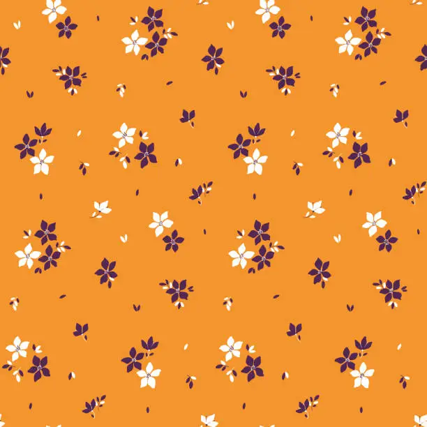Vector illustration of Seamless floral pattern, liberty ditsy print with small graphic flowers on an orange background. Vector.
