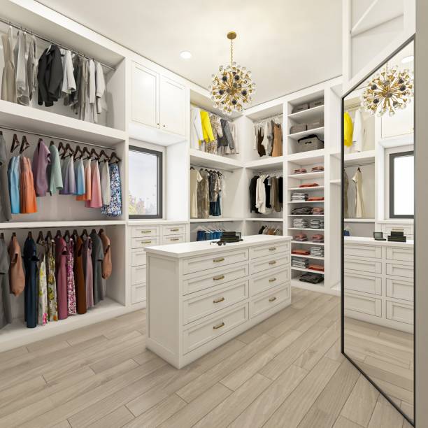 Her Walk-in Closet 3D Render - Her Closet closet stock pictures, royalty-free photos & images