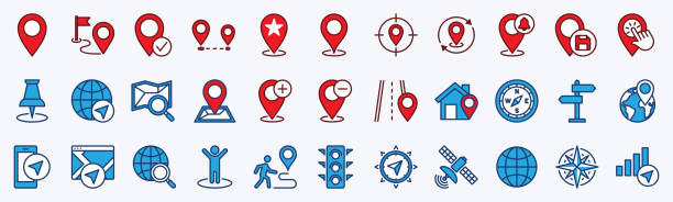 istock Location, navigation, and map pin icons set. Map marker icon symbol. Direction, compass, GPS, place, distance, route, traffic, road and other. Color style. Vector illustration 1805909096