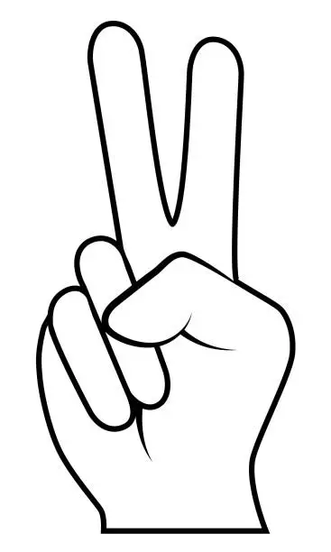 Vector illustration of V sign hand gesture with two fingers raised for victory and peace symbol, black and white vector silhouette illustration