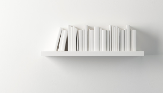 shelf with white books, 3d render