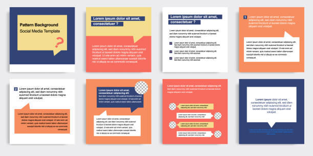 illustrazioni stock, clip art, cartoni animati e icone di tendenza di stile moderno minimale del pacchetto di modelli di layout del banner dei post sui social media in blu, sfondo di combinazione di colori arancioni con semplici elementi di testo della chat a bolle. - modello per social media