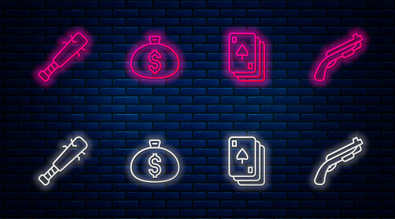Set line Money bag, Playing cards, Baseball bat with nails and Police shotgun. Glowing neon icon on brick wall. Vector