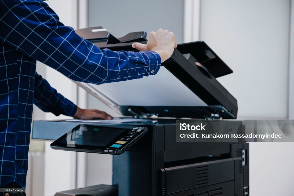 Hand Copyier Copier Printer Close Up Hand Office Man Press Copy Button On Panel To ...