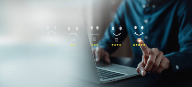 istock Customer services best excellent business rating experience. Satisfaction survey concept. user give rating to service experience on online application . 1805954252