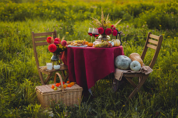 istock Fall mood, romantic date outdoors in the garden, candlelight dinner for a couple. Private wedding for two. Pumpkin countryside decor, red dahlia, cheese plate, grapes. Gourmet food, elegant setting 1805956639