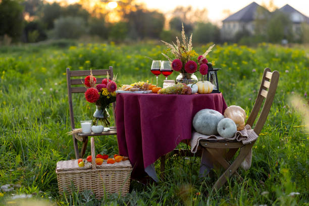 istock Beautiful decorated candlelight fall dinner, covered with a red tablecloth with flowers, pumpkins, candles, wine glasses. Outdoor in field near the forest in nature. Wedding banquet, sunset, evening 1805956666