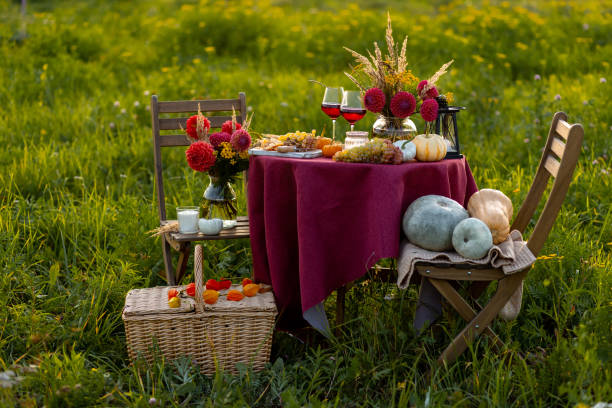 istock Fall mood, romantic date outdoors in the garden, candlelight dinner for a couple. Private wedding for two. Pumpkin countryside decor, red dahlia, cheese plate, grapes. Gourmet food, elegant setting 1805956683