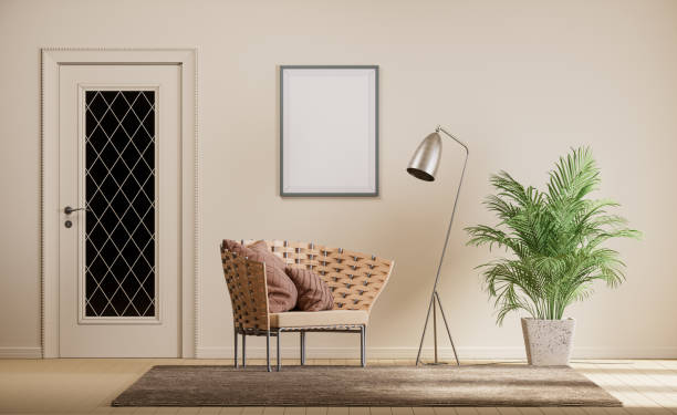 istock Single vertical poster frame in a wide mockup interior scene. Standard size vertical poster frame mock-up scene. Frame mockup background. 3d rendering 1805971336