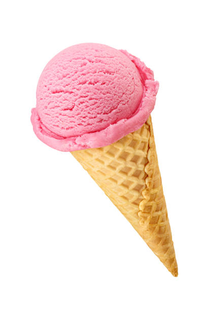istock Pink ice cream in a sugar waffle cone isolated on white. Taste of strawberry, fruit, raspberry, berry, cherry, candy. 1805971955