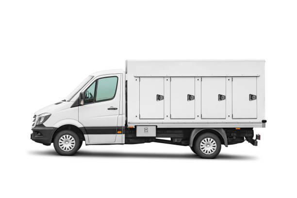 istock Ice cream delivery container truck. Refrigerated van isolated on white. 1805971971