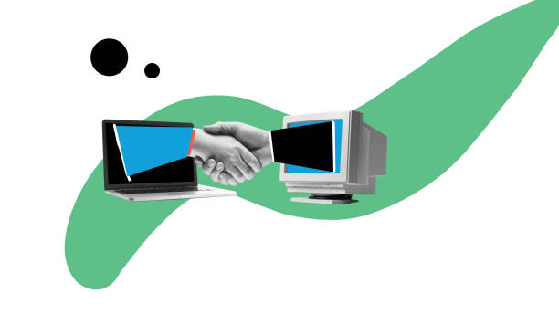 istock Human hands sticking out laptop and computer and shaking. Business cooperation and partnership. Deal, contract. Contemporary art collage. 1805973629