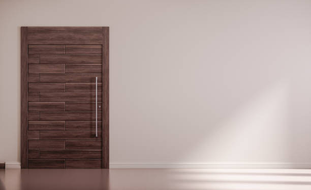 Modern door. Steel, wooden exterior door for home and residence. Security and safety. 3d rendering Modern door. Steel, wooden exterior door for home and residence. Security and safety. 3d rendering, nobody key doormat stock pictures, royalty-free photos & images