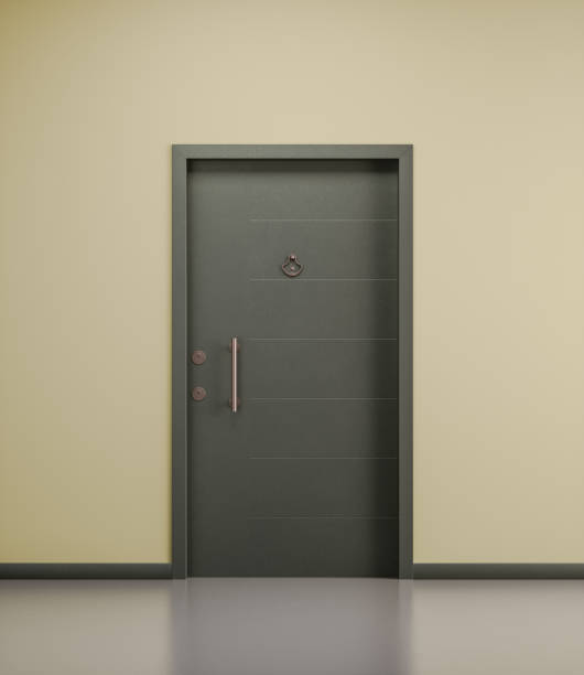 Modern door. Steel, wooden exterior door for home and residence. Security and safety. 3d rendering Modern door. Steel, wooden exterior door for home and residence. Security and safety. 3d rendering, nobody key doormat stock pictures, royalty-free photos & images