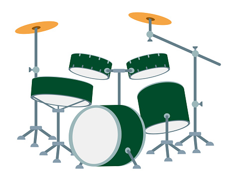 Cartoon Drum kit. Vector illustration of a drum set isolated on white background. Flat style music concept installation, Percussion Music Instrument. Cartoon Drums and Hi-hat Plate.