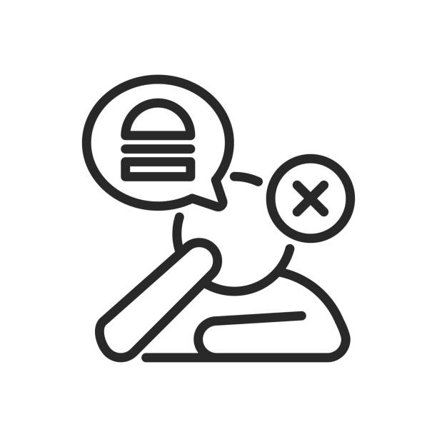 symbol für ernährungsstörungen. vektorumriss bearbeitbares isoliertes zeichen einer person, die über essen nachdenkt, aber nicht essen kann, symbolisiert den kampf mit essstörungen, appetitlosigkeit und ernährungsbedingten problemen. - hungrig stock-grafiken, -clipart, -cartoons und -symbole