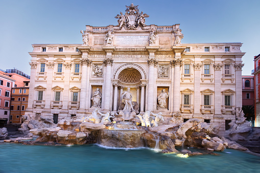 Trevi Fountain in Rome, Italy at sunset.