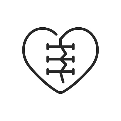 Forgiveness Icon. Vector Outline Editable Isolated Sign of a Stitched Heart, Symbolizing the Healing and Reconciliation Process of Forgiveness and Emotional Recovery.