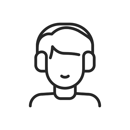 Stress Management Skills Icon. Vector Outline Editable Isolated Sign of a Content and Calm Person Wearing Noise-Cancelling Headphones, Symbolizing Effective Stress Management Techniques.