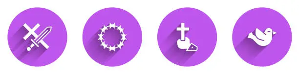 Vector illustration of Set Crusade, Crown of thorns, Christian cross and Dove icon with long shadow. Vector