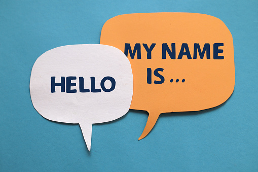 Hello my name is, text words typography written on paper against blue background, life and business motivational inspirational concept