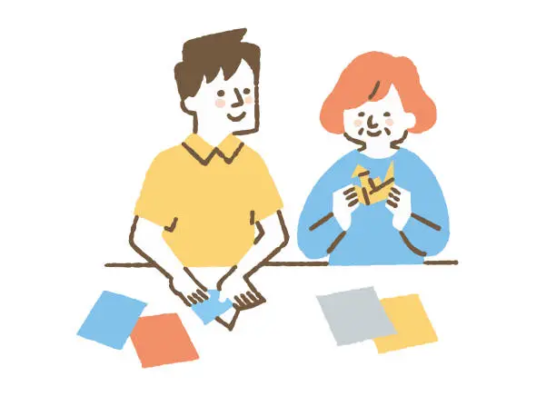 Vector illustration of Caregiver and elderly person folding origami at facility_color