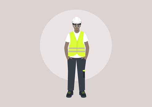 A young character in a repair worker uniform, adorned with a yellow high-visibility vest, hard hat, and polo shirt, standing with their hands in pockets