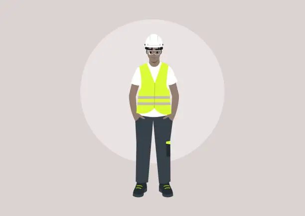 Vector illustration of A young character in a repair worker uniform, adorned with a yellow high-visibility vest, hard hat, and polo shirt, standing with their hands in pockets