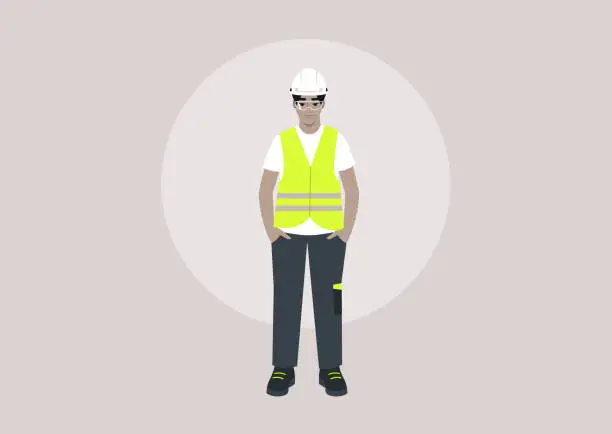 Vector illustration of A young character in a repair worker uniform, adorned with a yellow high-visibility vest, hard hat, and polo shirt, standing with their hands in pockets