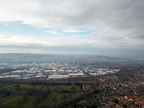Wide shot of the Newcastle Team Valley next to Gateshead and Newcastle City Centre. It is a cold winter day with a dramatic cloudy day.\n\nVideos are also available for this scenario.