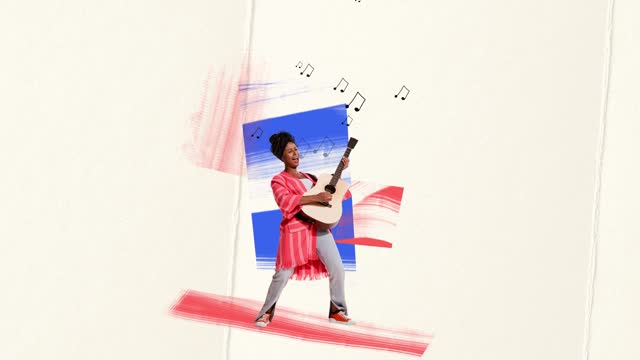 Stylish emotional african woman playing guitar over abstract background. Stop motion, animation. Art, creativity, music, rock, rock-n-roll and retro style concept