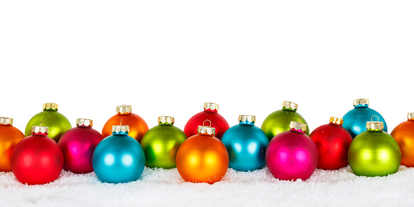 Christmas balls baubles in winter with panorama copyspace copy space deco decoration isolated on a white background