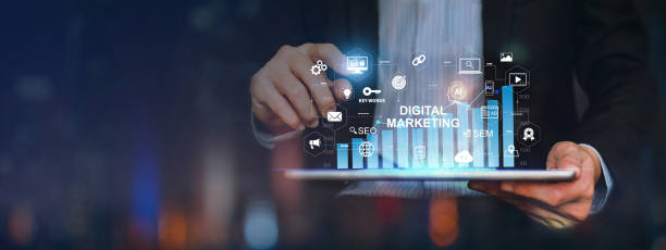 Digital marketing business analytics technology concept banner background. Website advertisement social media network, SEO, SEM video and mobile application icons with ai fintech for strategy.