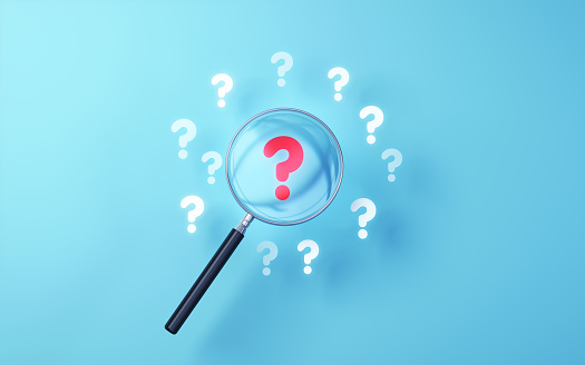 3d Render Red Question Mark Icon selected with metallic magnifying glass on soft blue background, It can be used for concepts such as research, problem, problems. (close-up)